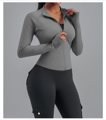 Plus Size Zip Up Sports Jacket, Stretch Slim Fit Yoga Top, Euro Size Figure-Flattering Long Sleeve Workout Coat for Women