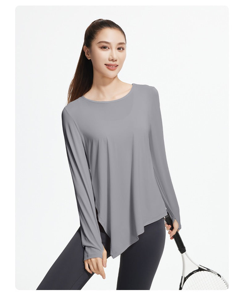 New Ice Silk Long Sleeve Yoga Top, Cool Breathable Loose Split Hem Yoga Cover Up Shirt