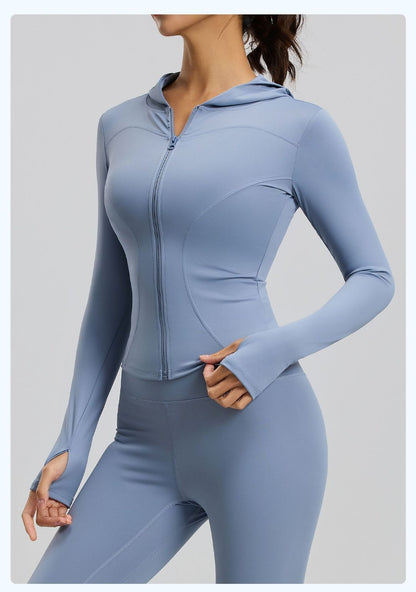 Women’s Slim Fit Hooded Yoga Jacket – Long Sleeve Sports Coat for Spring & Autumn, Running & Cycling