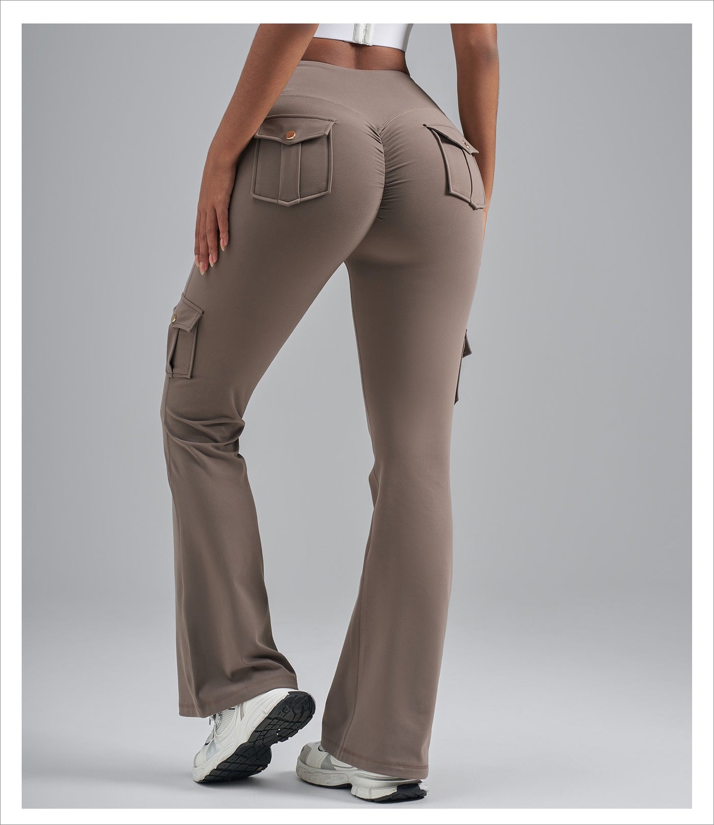 Single-Side Brushed Cargo Flare Yoga Pants, Breathable High Waist Butt Lifting Pocket Naked Feel Slim Fitness Leggings