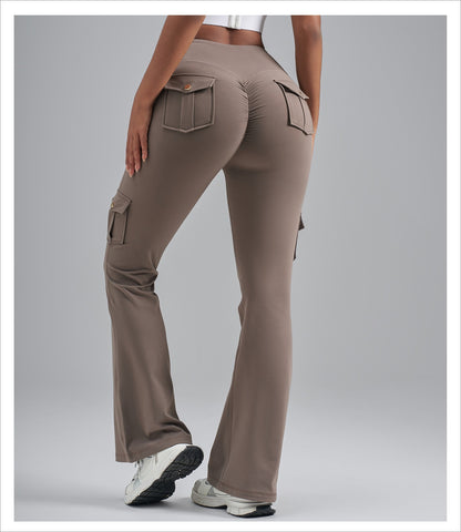 Single-Side Brushed Cargo Flare Yoga Pants, Breathable High Waist Butt Lifting Pocket Naked Feel Slim Fitness Leggings