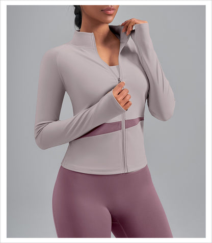 Women’s Color Block Yoga Jacket, Stretchy Fabric Sports Top for Fitness Workout Training