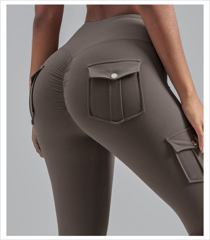 Brushed Cargo Pocket Yoga Pants, Women's Peach Hip Tight Quick Dry Butt Lifting Sports Fitness Leggings