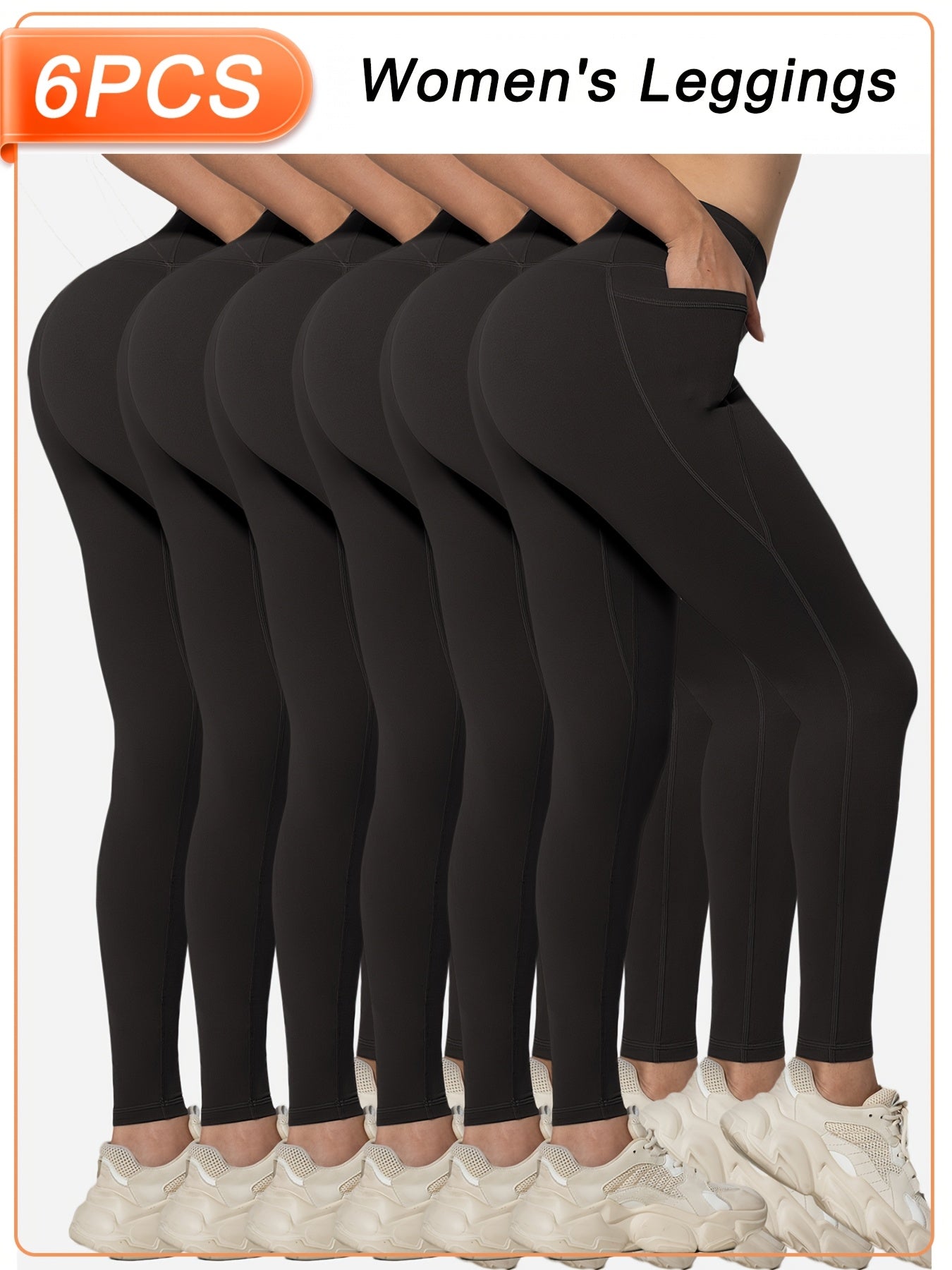 Women’s 6-Pack High Waist Leggings with Side Pockets, Athletic Sports Workout Activewear Pants Multipack