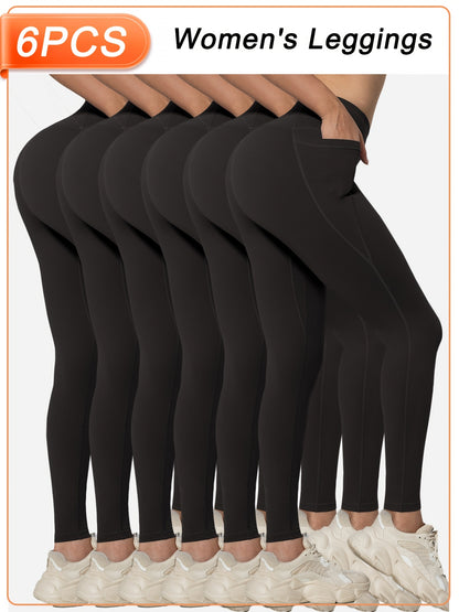 Women’s 6-Pack High Waist Leggings with Side Pockets, Athletic Sports Workout Activewear Pants Multipack