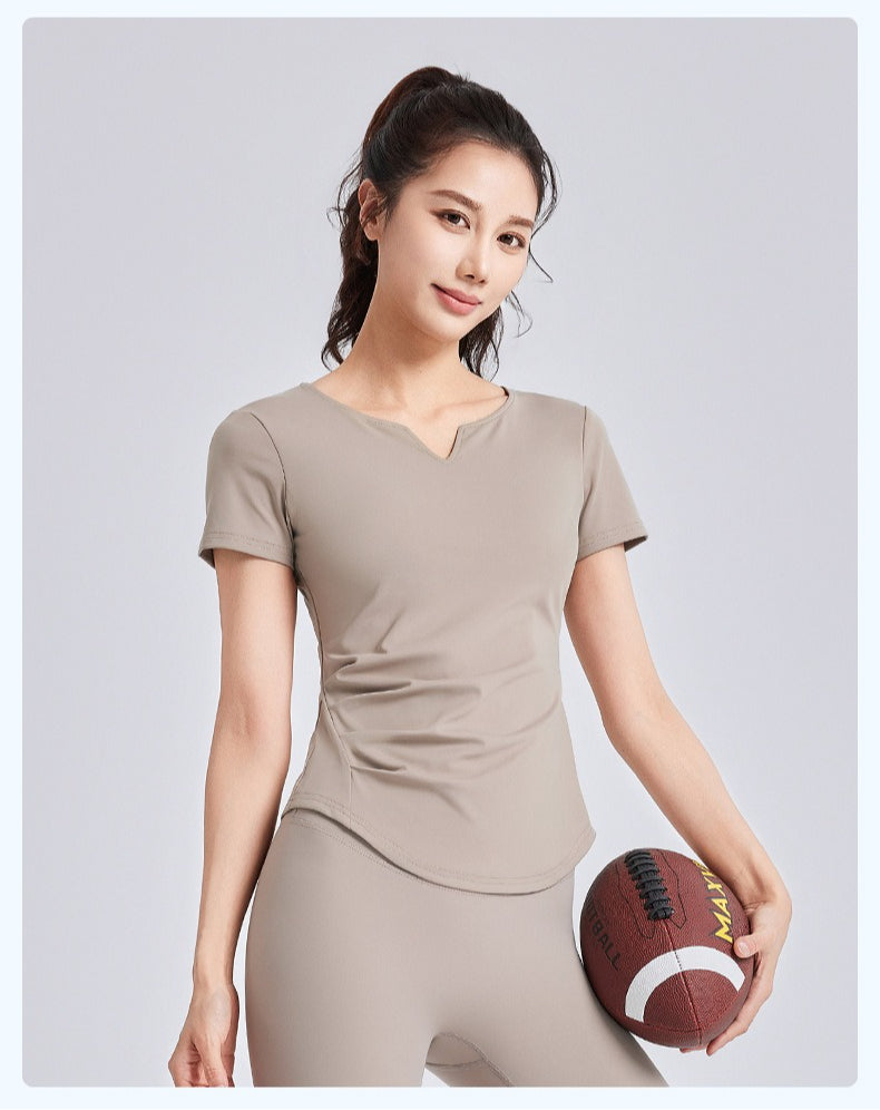 New Summer Women V-Neck Ruched Yoga Short Sleeve Top with Built-in Shelf Bra, Slim Fit Stretch Sports Fitness T-Shirt, Sweat-Wicking Athletic Tee for Running, Gym Training & Daily Active Wear