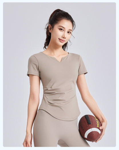 New Summer Women V-Neck Ruched Yoga Short Sleeve Top with Built-in Shelf Bra, Slim Fit Stretch Sports Fitness T-Shirt, Sweat-Wicking Athletic Tee for Running, Gym Training & Daily Active Wear