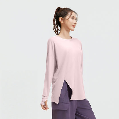New Split Hem Loose Long Sleeve Yoga Top for Women, Breathable Sports Shirt for Running, Training & Fitness