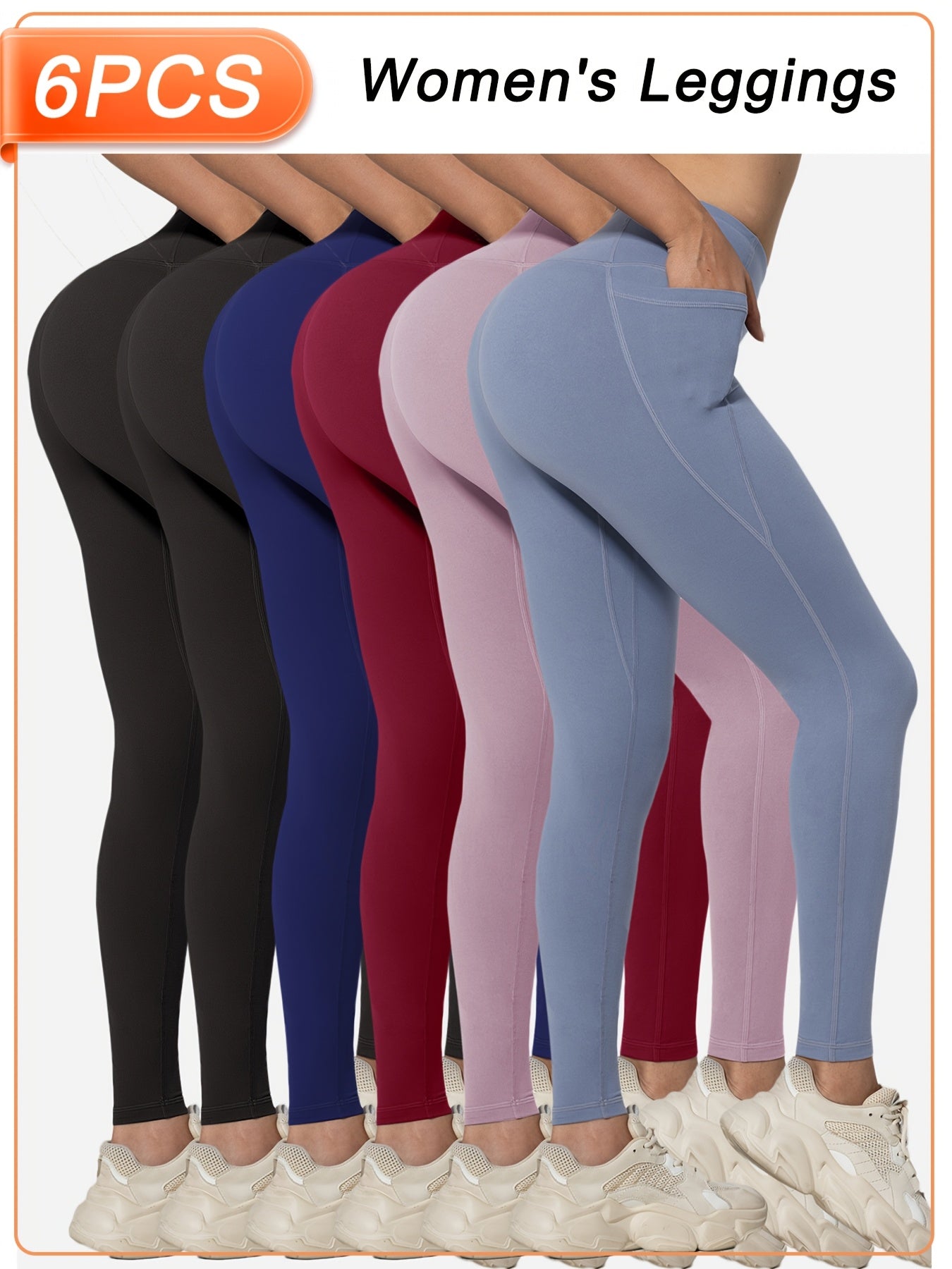 Women’s 6-Pack High Waist Leggings with Side Pockets, Athletic Sports Workout Activewear Pants Multipack