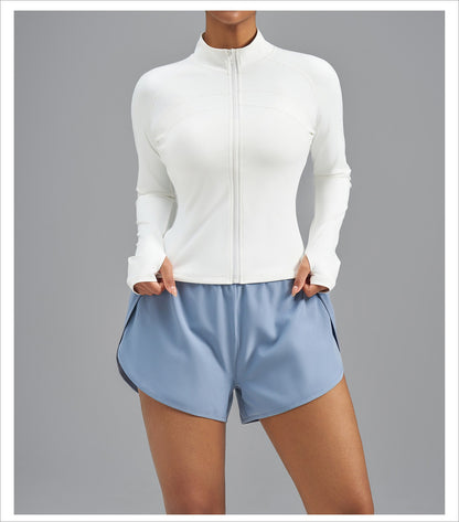 Plus Size Zip Up Sports Jacket, Stretch Slim Fit Yoga Top, Euro Size Figure-Flattering Long Sleeve Workout Coat for Women