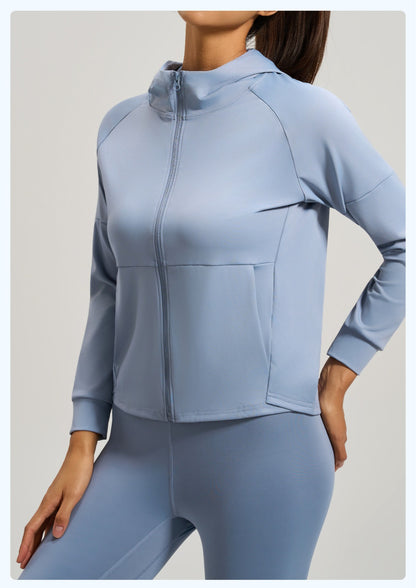 Loose Hooded Cardigan, Yoga & Sports Wear, Zipper Running Jacket for Women