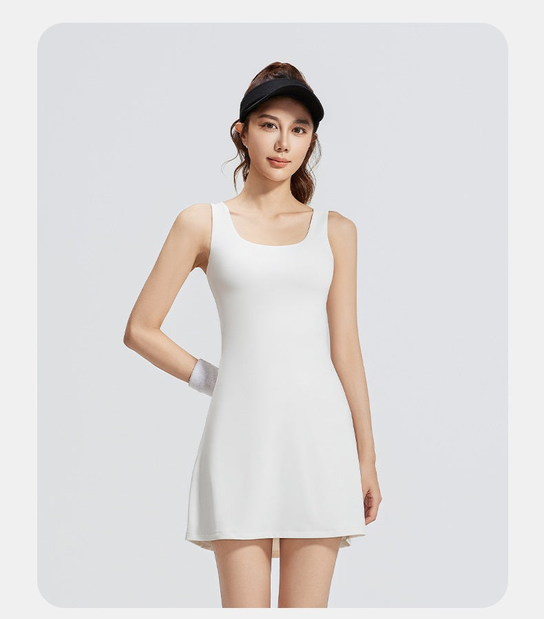 Women's New One-Piece Sports Tennis Dress, Built-in Chest Pad, Anti-Exposure, Beautiful Back Yoga Dress